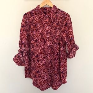 Corduroy Paisley Button Pintuck Long Roll Sleeve
